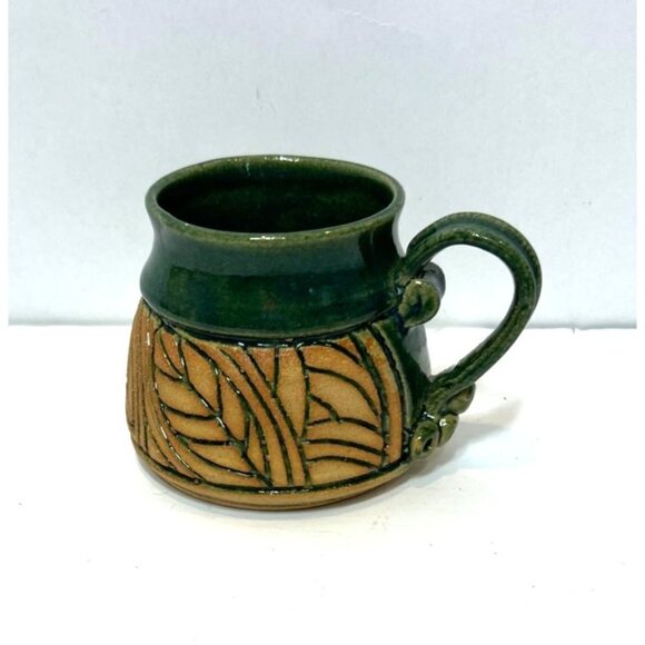 Studio Pottery Crafted Ceramic Mug With Green Glaze & Unglazed Leaf Motif Design - Picture 1 of 7